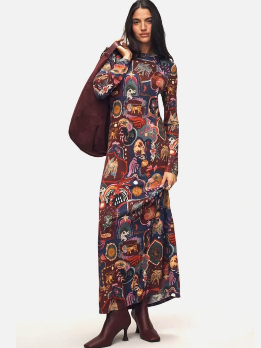 Farm Rio Anthropologie Surreal Artsy Graphic Fitted Maxi Dress Cats Birds XS NWT